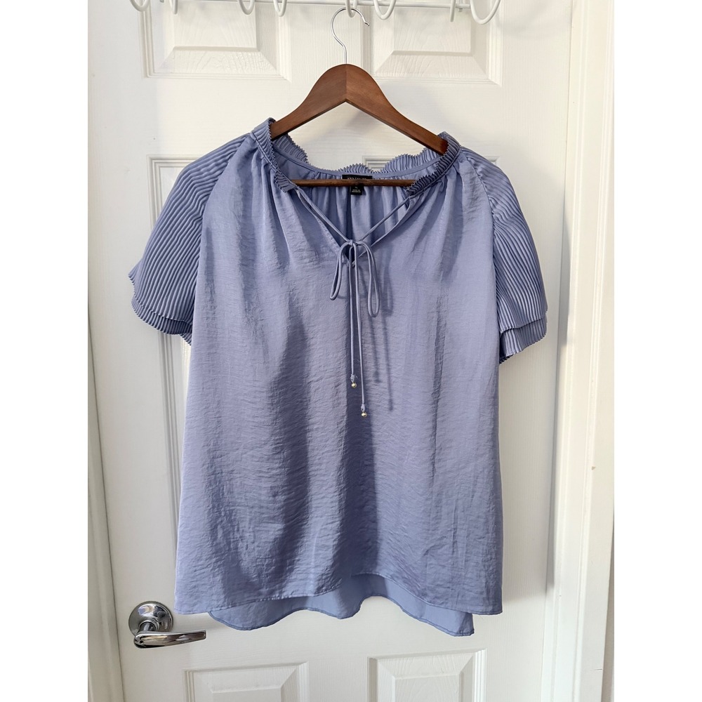 Ann Taylor Periwinkle Blue Pleated Flutter Sleeve Smocked Tie Neck Blouse XL